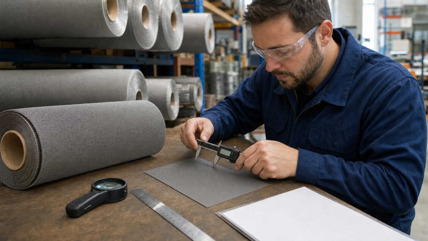 Quality technician inspecting fine stainless steel woven wire mesh with a digital caliper and loupe beside warehouse rolls