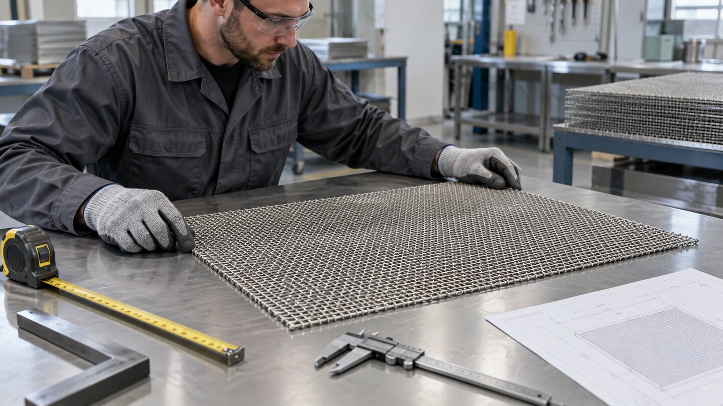Technician inspecting a flat woven wire mesh panel on a fabrication bench with a tape measure, corner square, caliper and drawing