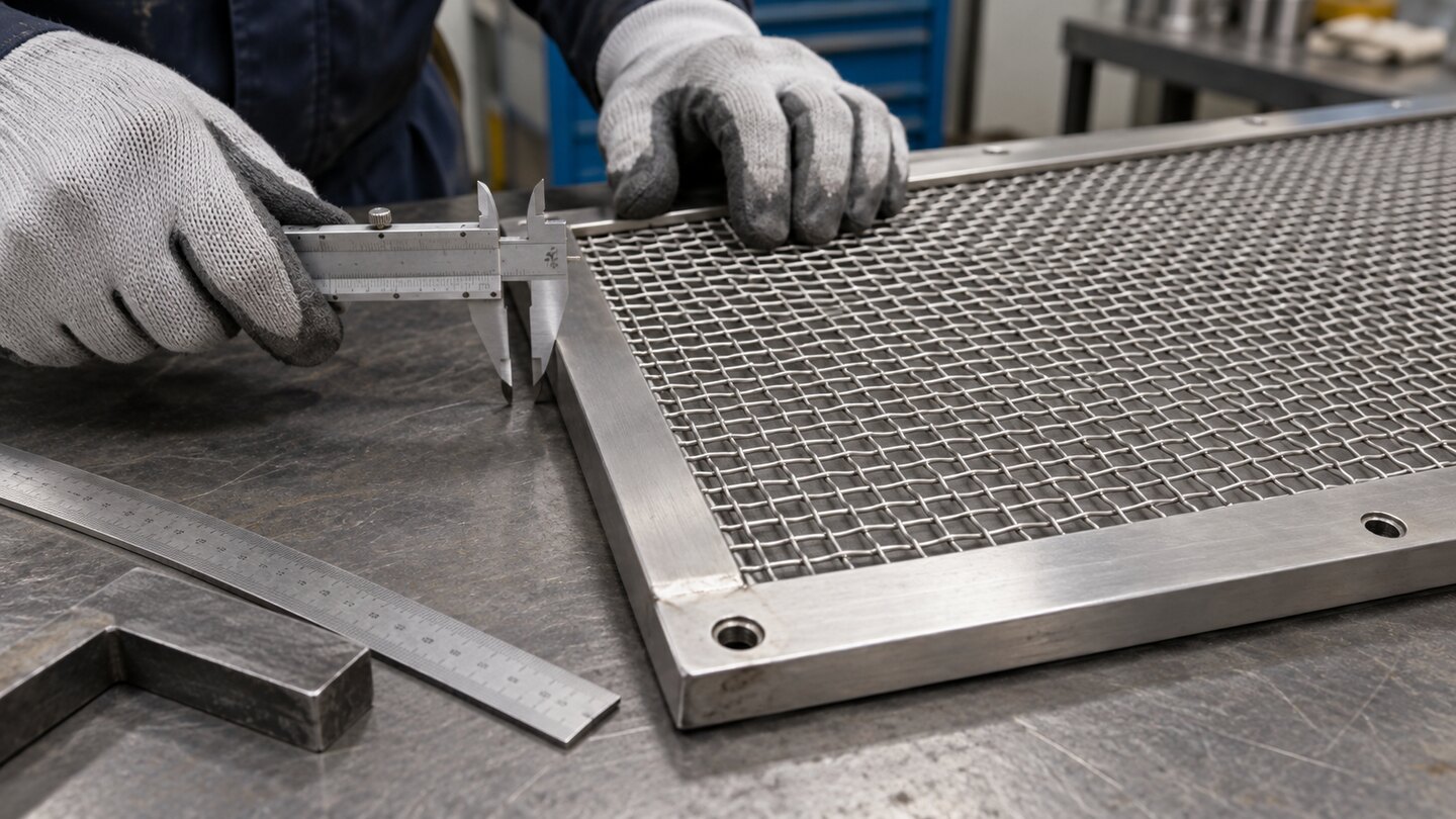 Gloved quality technician checking a cut-to-size woven wire mesh panel edge and mounting-hole area with vernier calipers