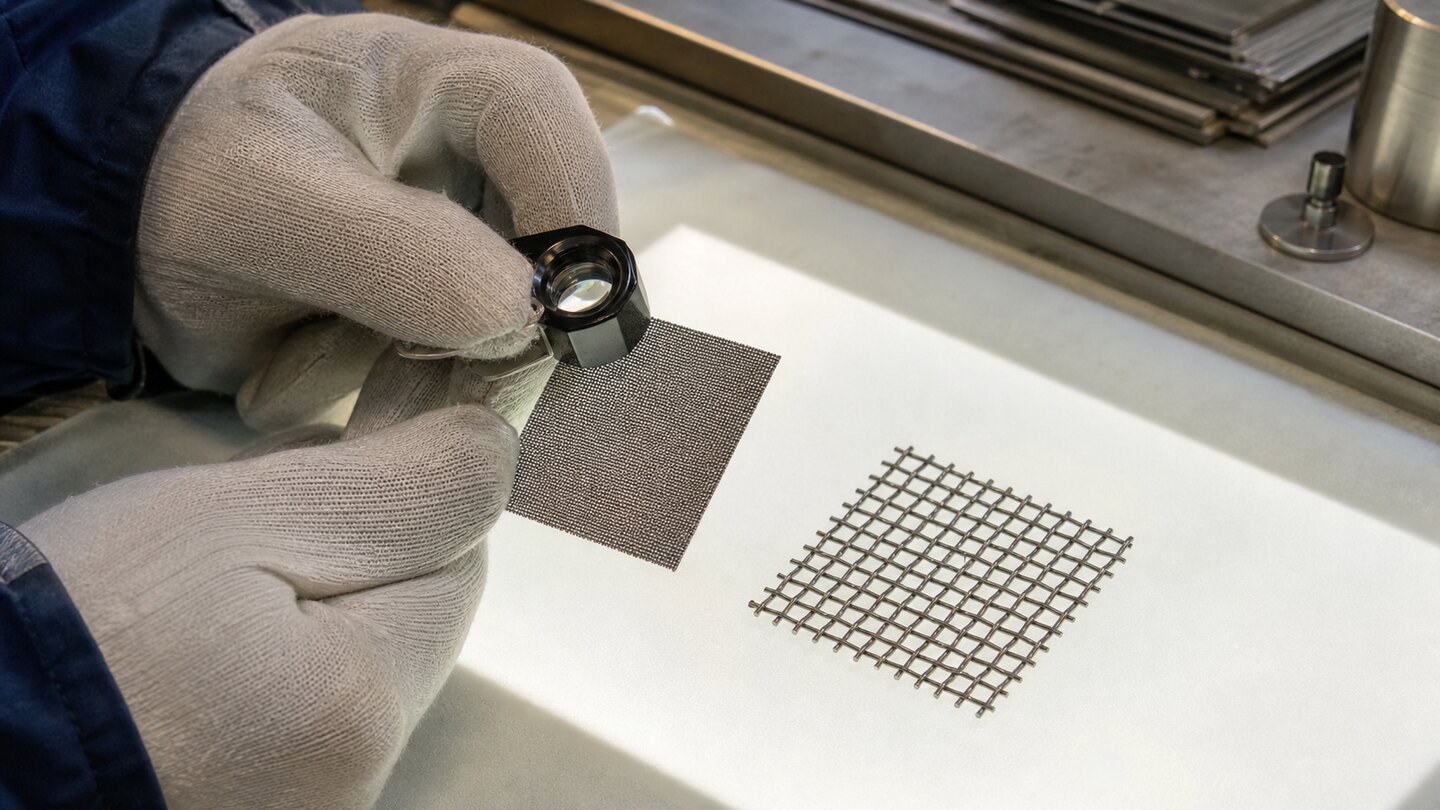 Technician inspecting a fine Dutch-weave filter cloth sample and a square-opening woven mesh sample under an inspection loupe