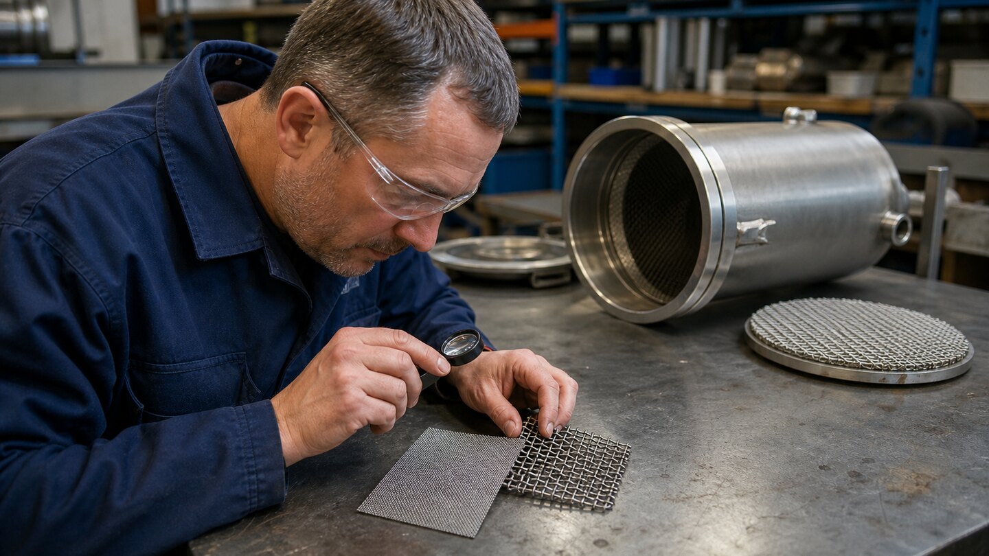 Technician comparing dense Dutch-weave filter cloth and square-opening stainless woven mesh beside a filter housing