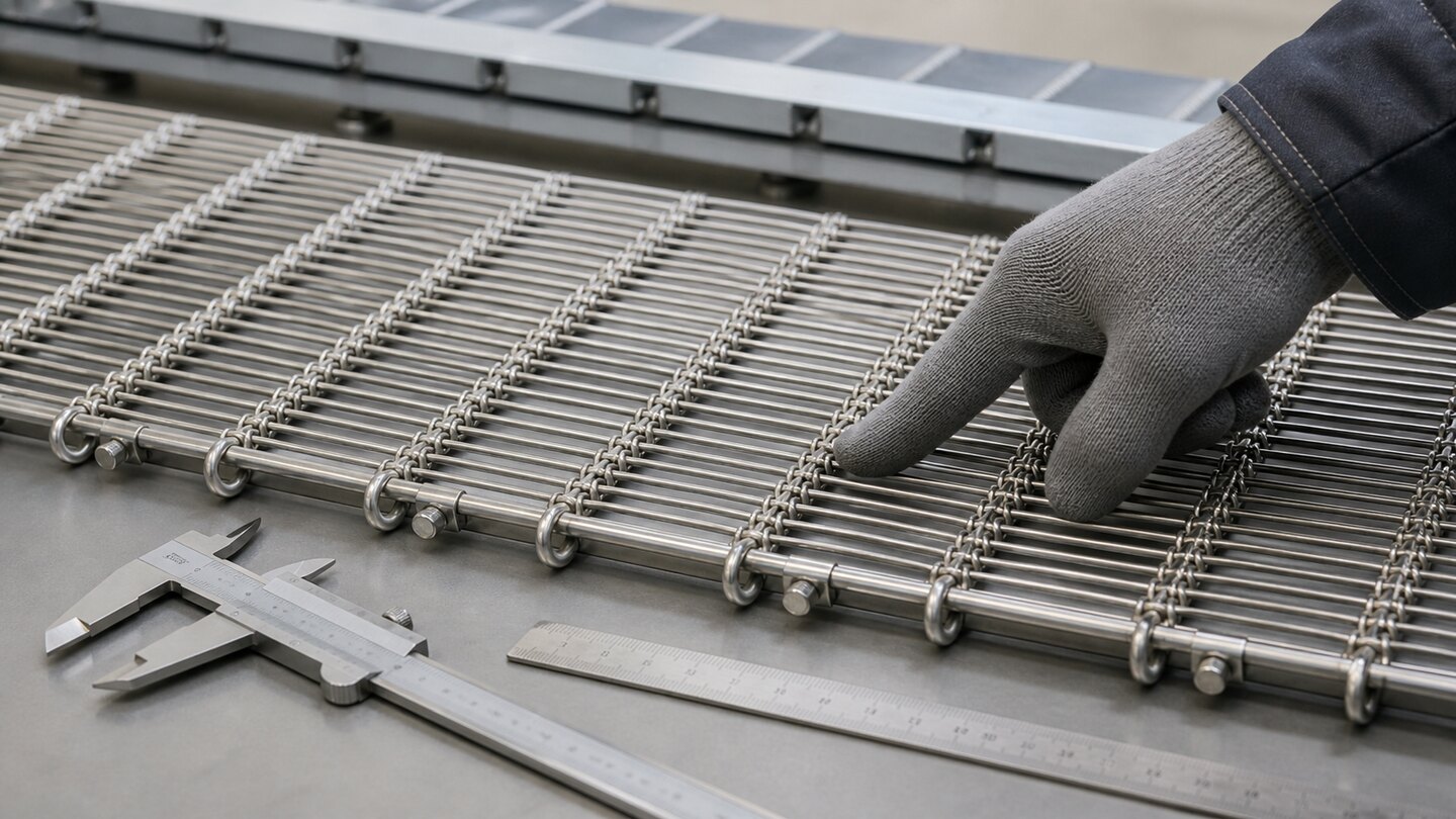 Gloved quality-control technician checking a woven wire screening panel and its long-slot direction on an industrial inspection bench