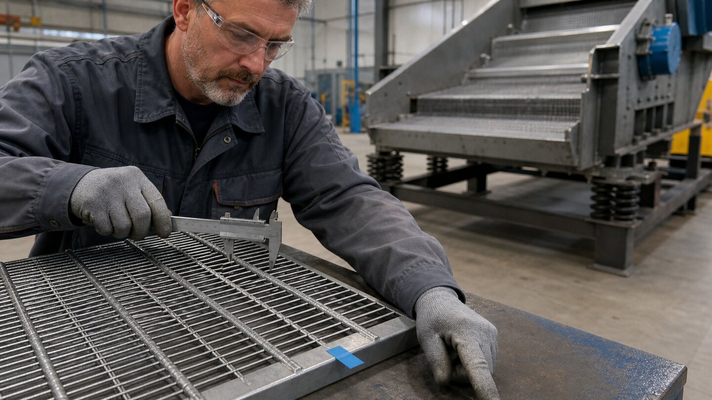Industrial technician measuring long-slot screen opening beside a vibrating-screen assembly and marked panel edge