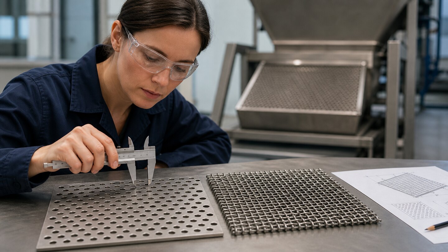 Quality engineer comparing round-hole perforated plate with square-opening woven wire mesh using vernier calipers