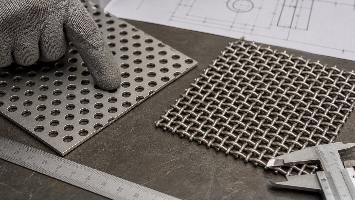 Quality-control bench comparing a round-hole perforated metal plate and square-opening woven wire mesh with a caliper and steel ruler