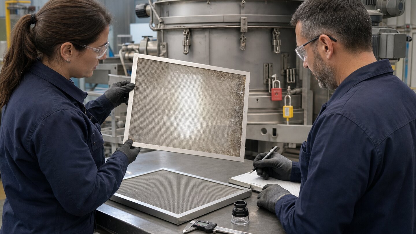 Quality engineer and maintenance technician comparing used and replacement stainless woven wire mesh screens at an isolated powder screening machine