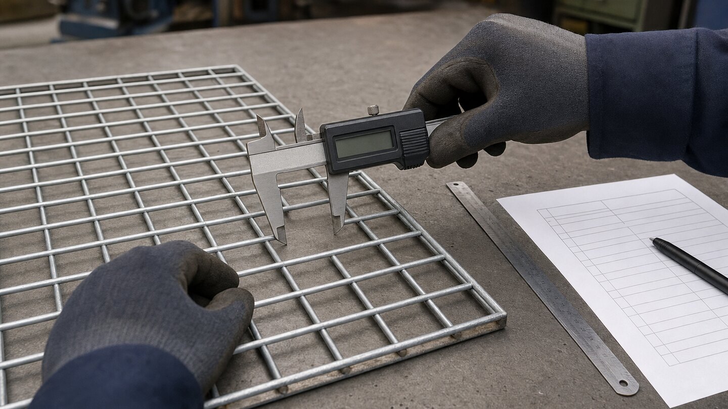 Technician measuring the clear opening of a rectangular welded wire ventilation guard with a digital caliper
