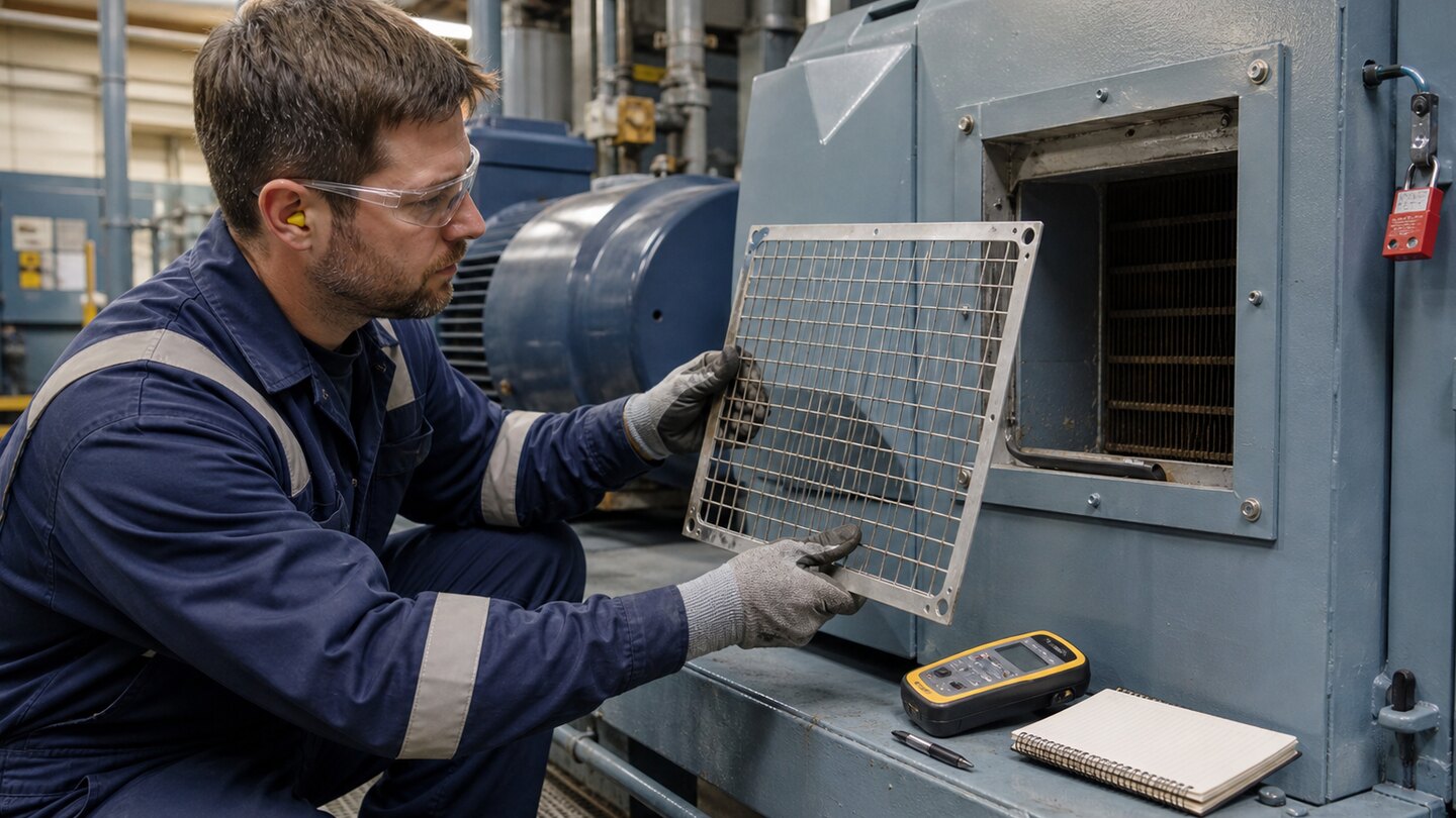 Maintenance engineer inspecting a removable rectangular wire mesh ventilation guard on a locked-out industrial machine