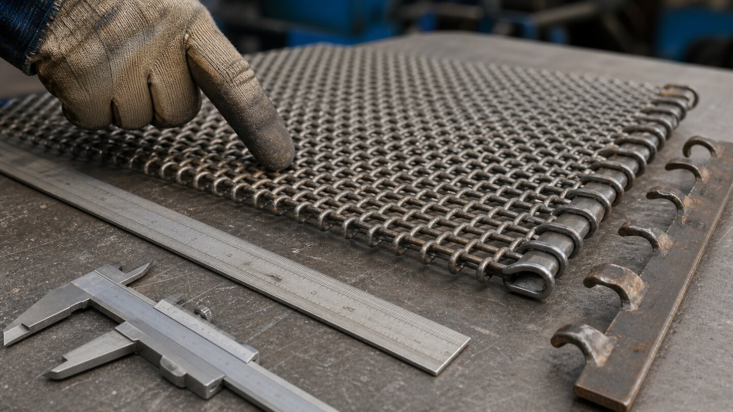Pre-crimped woven wire screening panel, caliper, ruler and tension hook strip being examined on an industrial inspection bench