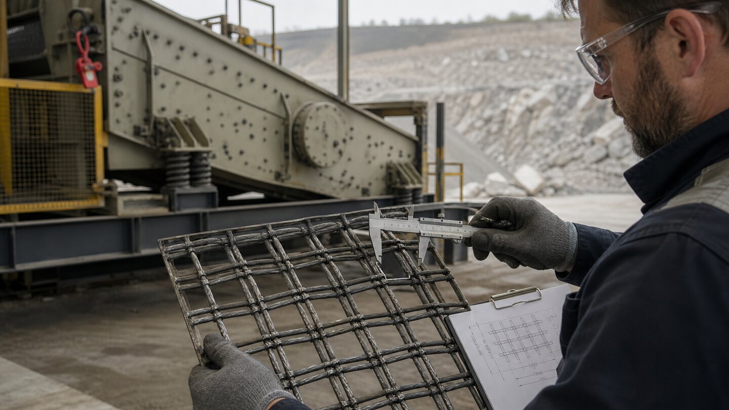 Maintenance technician measuring a removed pre-crimped vibrating-screen panel near an isolated screening machine