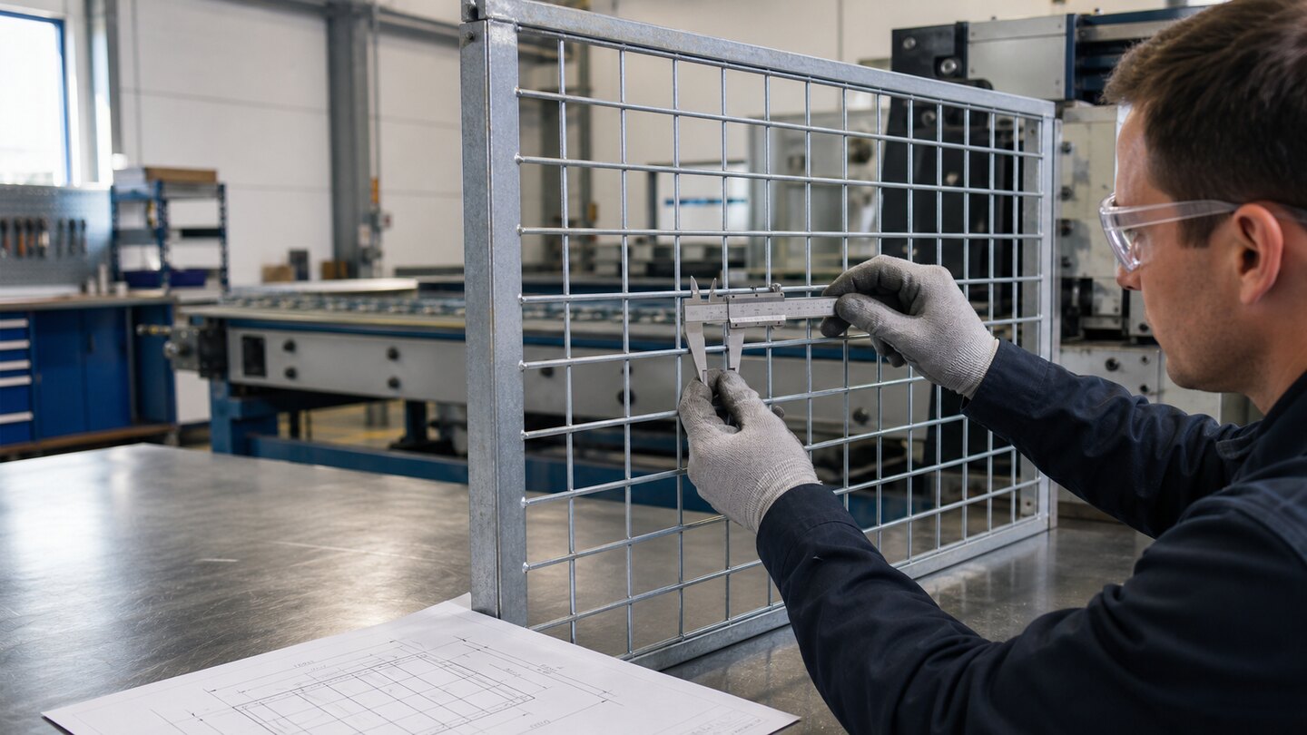 Quality-control technician measuring a welded wire mesh guard panel clear opening with vernier calipers