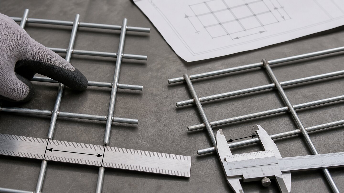 Two welded wire mesh samples on an inspection table with a ruler and vernier caliper showing pitch and clear-opening measurements