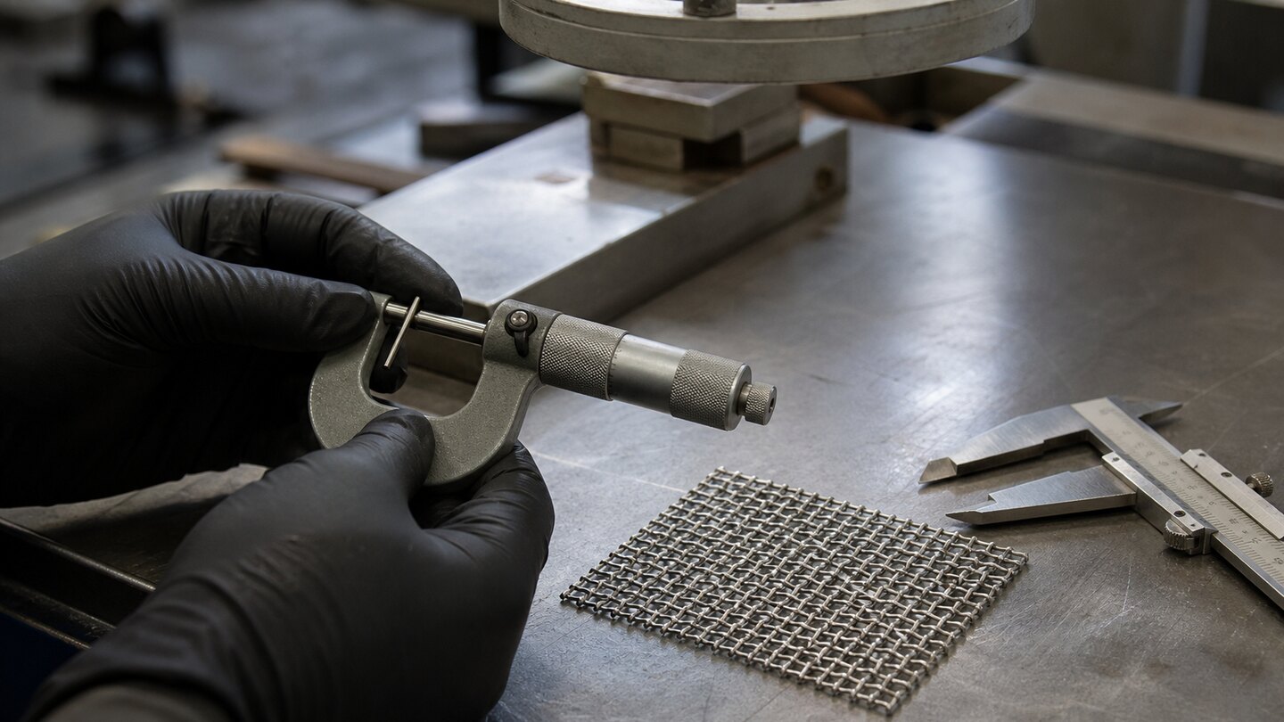 Gloved technician measuring a straight stainless wire sample with a micrometer beside a woven wire mesh coupon