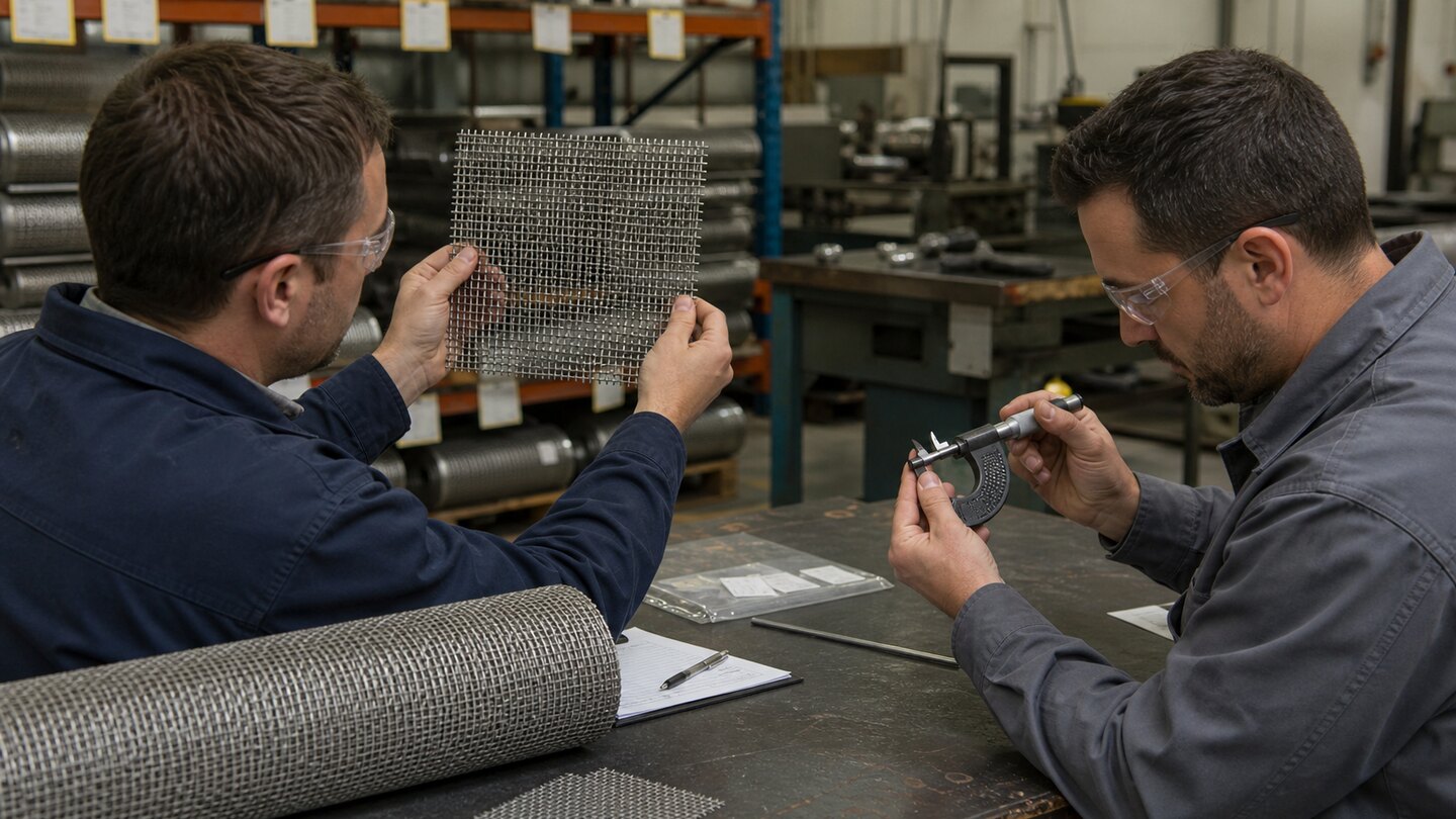 Quality technicians comparing a stainless woven wire mesh sample and wire diameter at an industrial incoming inspection bench