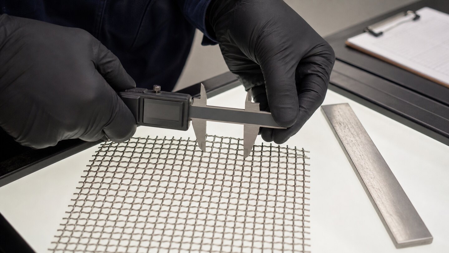Quality technician measuring the clear opening of a woven wire mesh sample with a digital caliper on an inspection light table