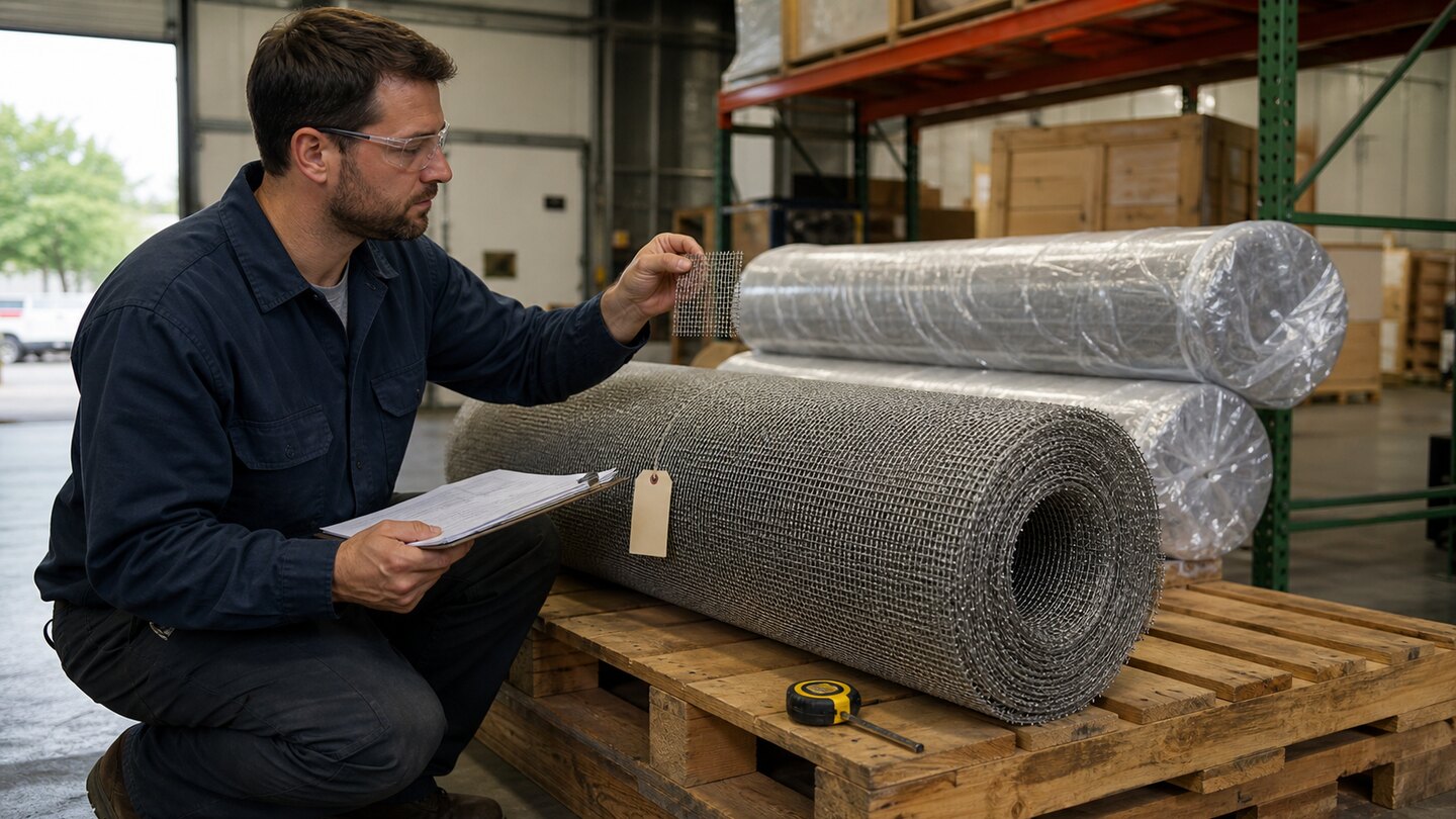 Quality technician inspecting a newly delivered woven wire mesh roll on a pallet in an industrial receiving bay