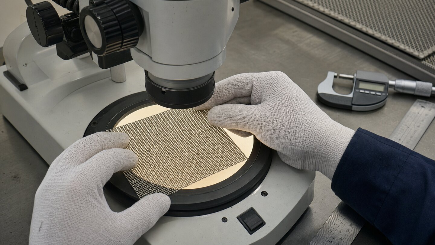 Technician inspecting a fine square-opening woven wire mesh coupon under a backlit microscope